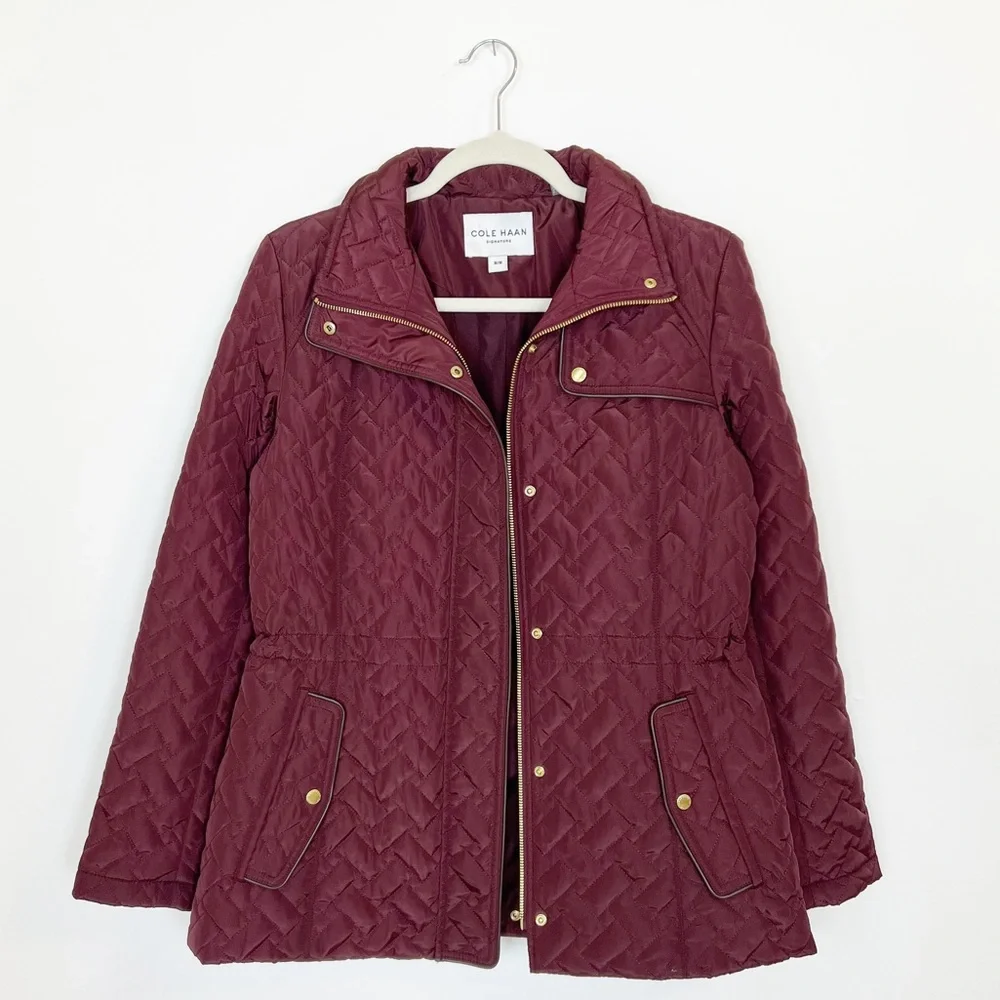 Cole Haan Signature Quilted Jacket Snap Full Zip Outerwear Coat Burgundy Medium - Picture 2 of 8